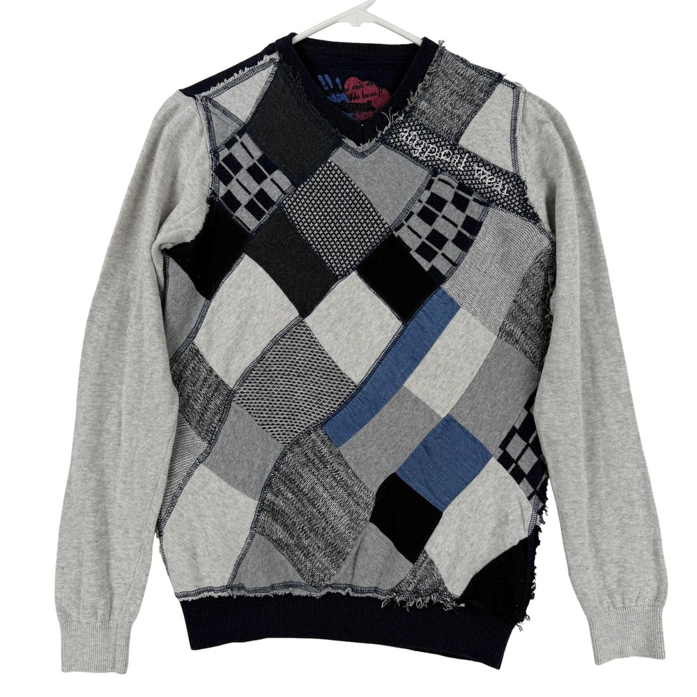 Desigual Sweater Mens Small Multicolor Patchwork Graphic V Neck Knit Pullover